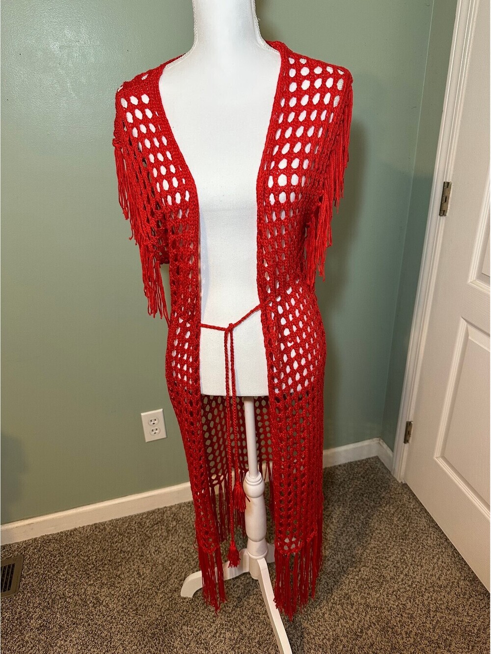 Anthropologie Oliver Red Crochet Fishnet Maxi Cardigan Vest NWOT One Size